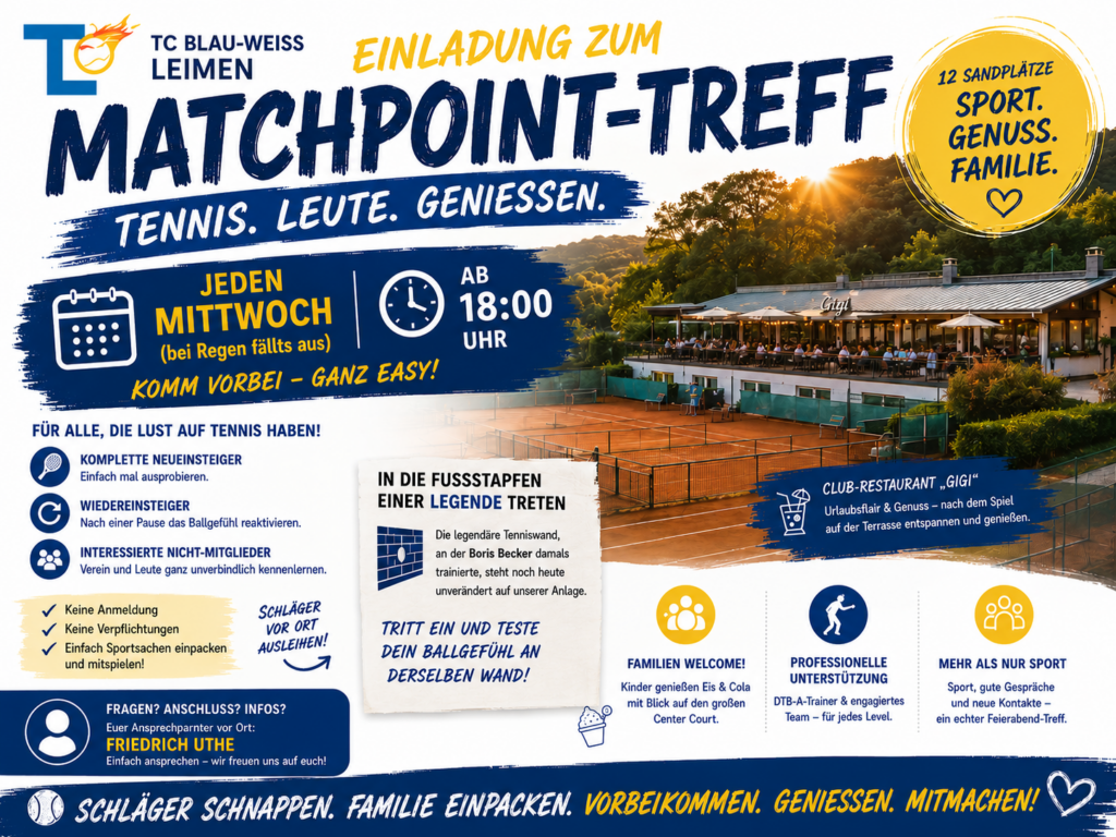 Auf den Spuren von Boris Becker: Blau-Weiß Leimen lädt zum offenen Matchpoint-Treff ein